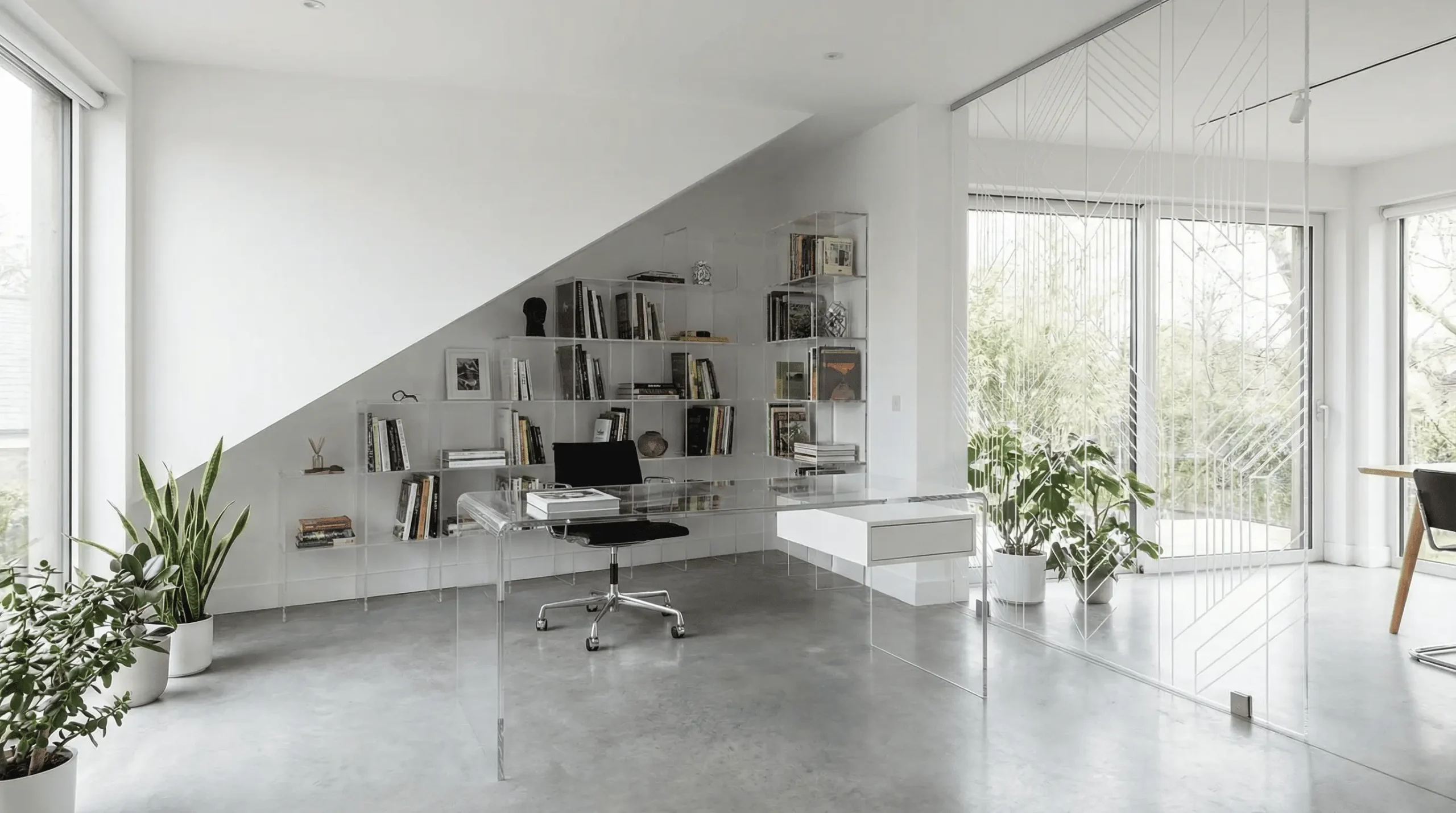 Oficina moderna con muebles de metacrilato hechos a medida adaptados perfectamente al espacio
