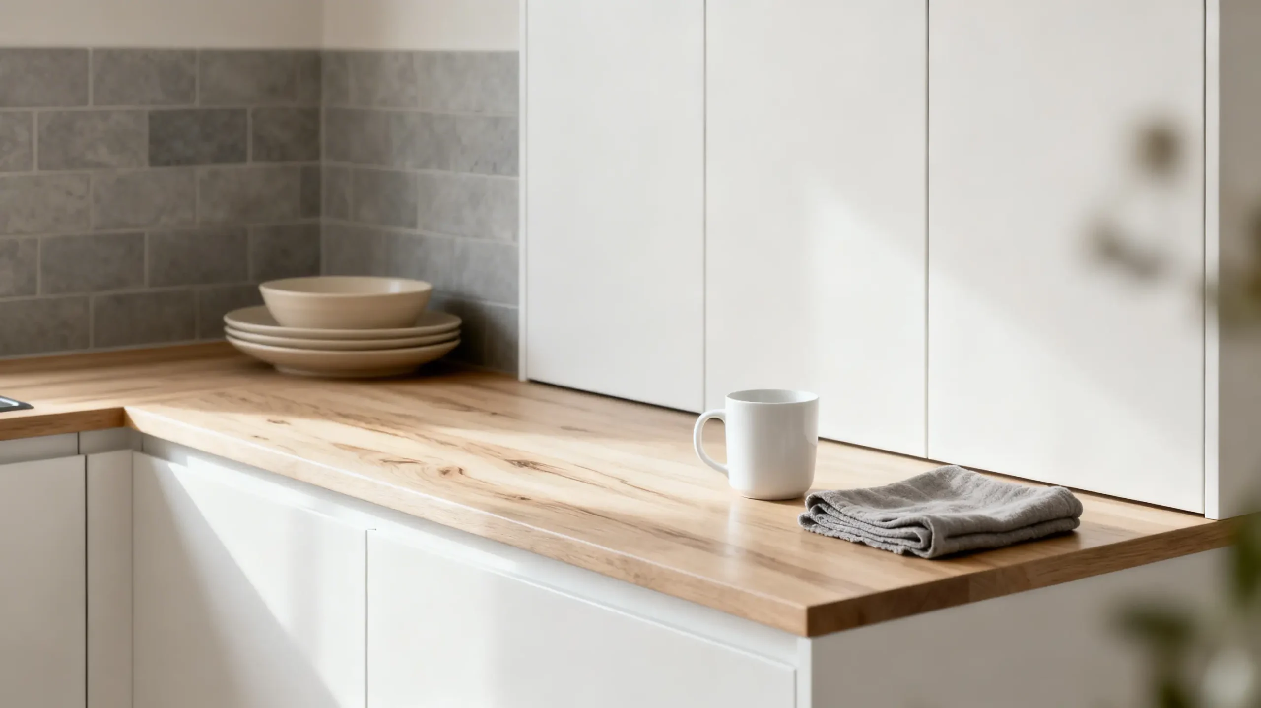 cocina pequeña minimalista en color blanco y madera