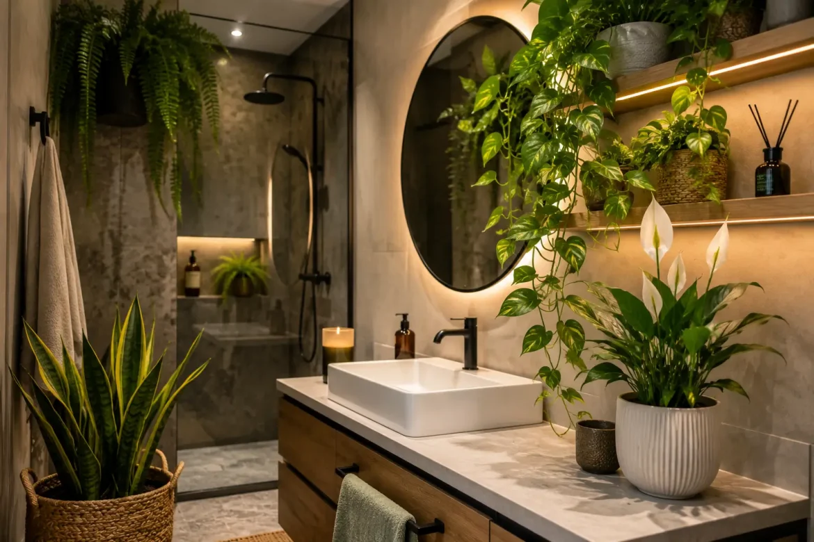 decoración con plantas para baños sin luz