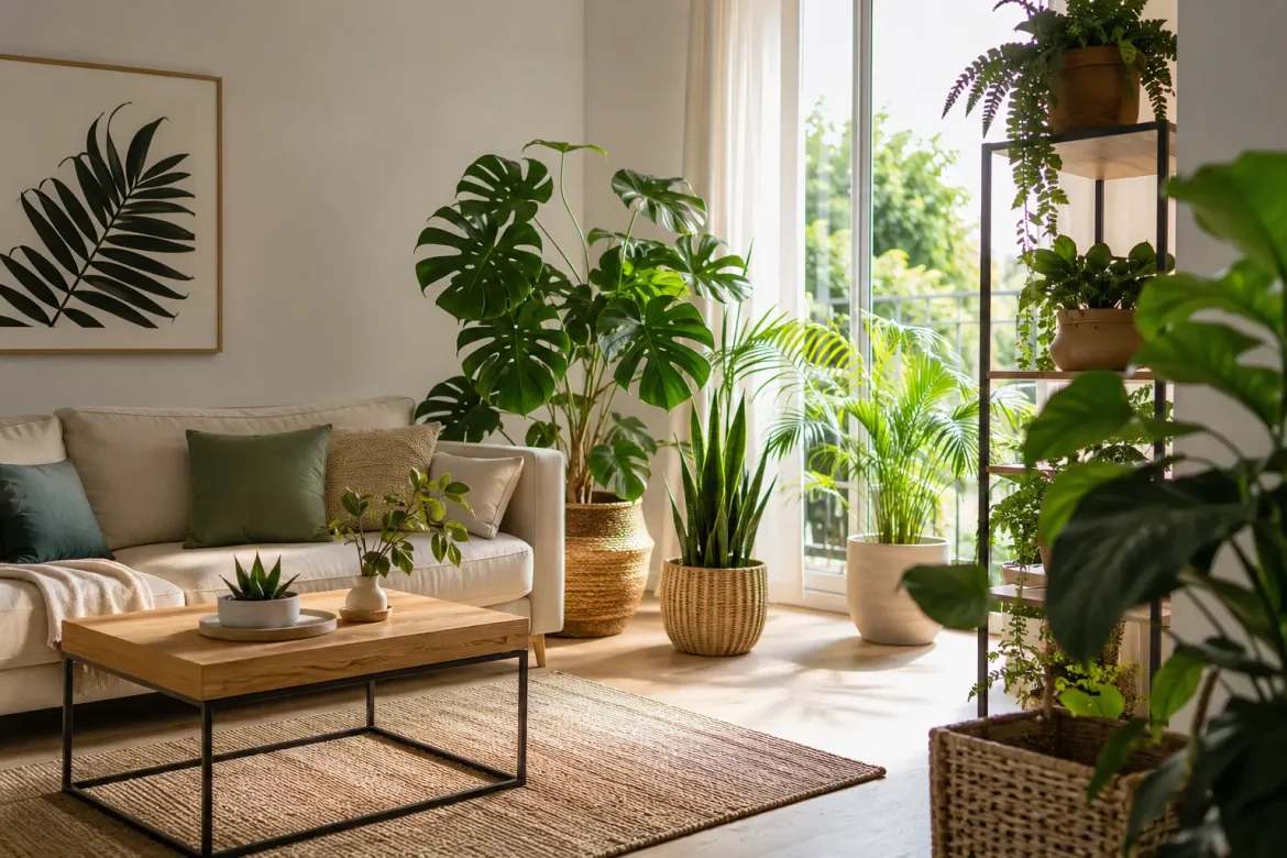 Salón moderno con plantas de interior como decoración