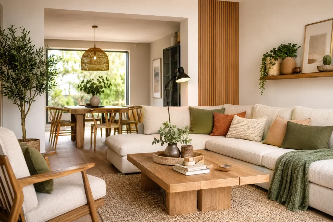 Salón moderno decorando combinando madera con otros colores para una estancia cálida.